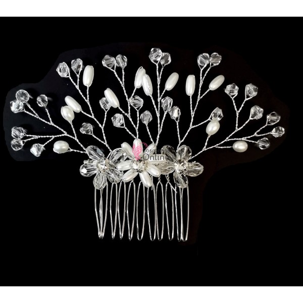 Accesoriu elegant pentru decor par AP029 Argintiu cu cristale si perle - HandMade